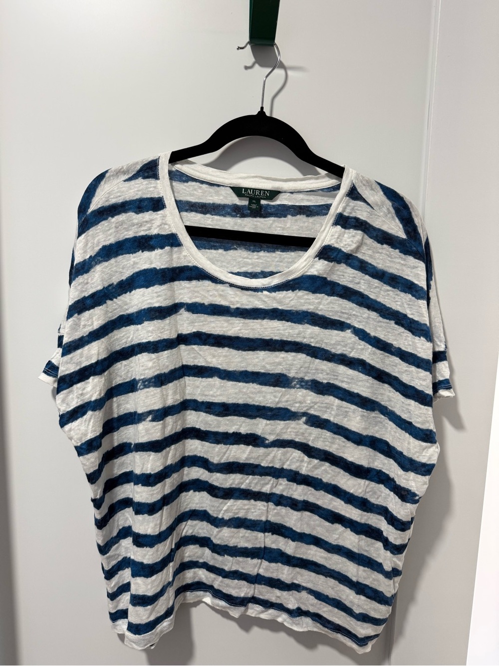 Lauren Ralph Lauren Navy & White Linen Striped Scoop Neck Tee